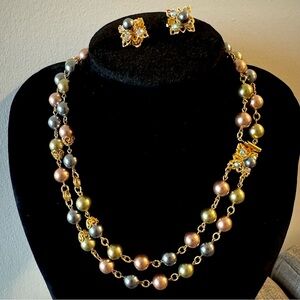 Signed Joan Rivers Vintage Double Pearl Strand + Matching Clip On Earrings